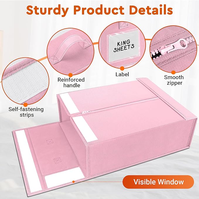 StorageTastic 8 Pack Bed Sheet Closet Organizers and Storage,Sturdy Foldable Storage Containers with Window and Label,Storage and Organization for Bedding Sheets,Duvet Covers,Blankets (Pink) - Image 5