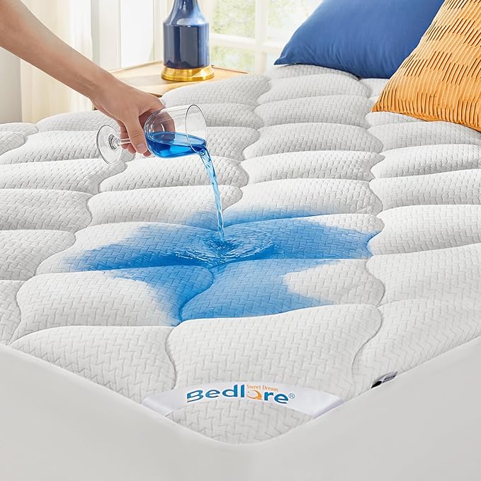 BEDLORE Waterproof Twin Mattress Pad, Quilted Fitted Mattress Topper with Deep Pocket 6"-15", Breathable & Noiseless Mattress Protector Bed Cover Padded, Machine Washable