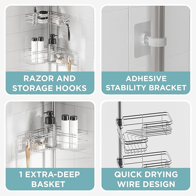 Zenna Home Tension Pole Shower Caddy Corner Organizer, Adjustable Standing Shower Caddy with 4 L-shaped Baskets and Hooks, Rust Resistant Bathroom Tension Rod Organizer, 60 to 97 Inch, Satin Nickel - Image 6