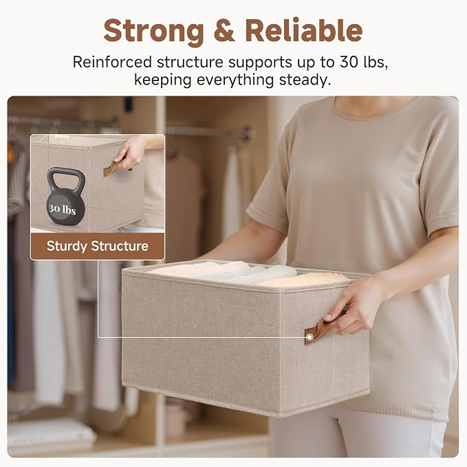 StorageWorks Shelf Baskets for Organization, Linen Closet Organizers and Storage Basket, Foldable Storage Bins, Closet Organizer Bins for Clothes, Brown & Beige, 3-Pack, Large - Image 5