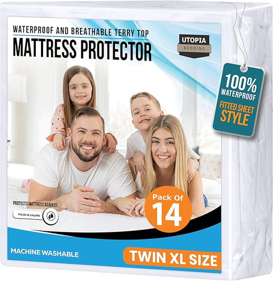Twin XL Size Mattress Protector Waterproof 14 Pack, Premium 200 GSM Terry Mattress Cover, Soft & Breathable Bed Cover, Fitted Sheet Style Stretchable Deep Pockets 15" by Utopia Bedding (White)