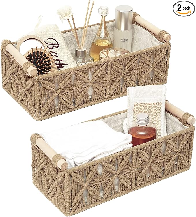 Macrame Storage Basket Boho Decor Baskets for Organizing Woven Decorative Basket for Countertop Toilet Paper Basket for Toilet Tank Top Shelf Basket with Handle for Bathroom Decor Nursery (Set of 2) by HOSROOME