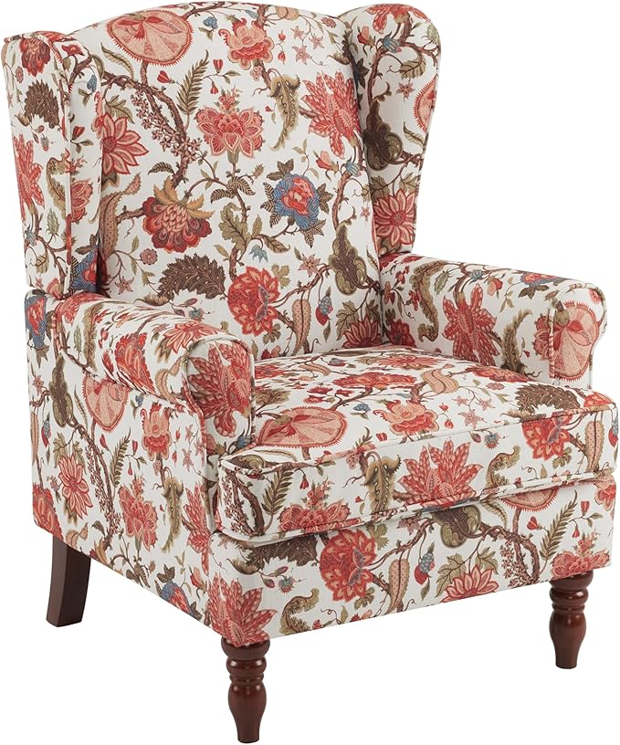 MELLCOM Floral Accent Chair, High Back Upholstered Armchair with Solid Legs, Leisure Single Sofa Chair for Living Room, Bedroom, Home Office, Red Floral