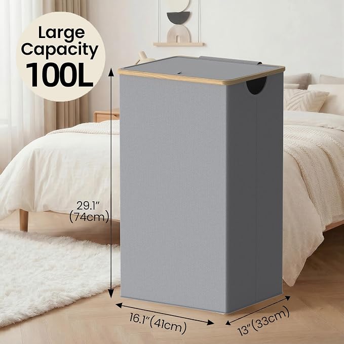 efluky Laundry Basket with Lid and Removable Bag, 100L Tall Laundry Hamper with Bamboo Handles, Aesthetic Dirty Clothes Bin for Laundry Room, Bathroom, Bedroom and Dorm, Silver Grey - Image 2