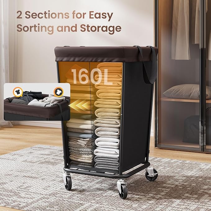 160L Laundry Basket with Wheels, 2-section Rolling Laundry Basket, Large Laundry Hamper with Wheels, Rolling Laundry Hamper Clothes Hamper for Home, Bathrooms and Dorm(Black) - Image 4