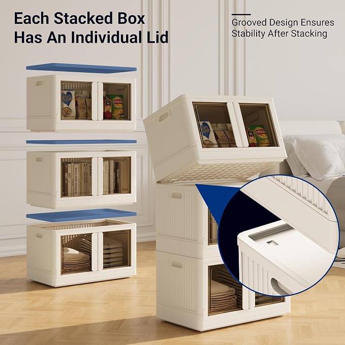 FLEXIMOUNTS 228 QT Stackable Storage Bins With Lids, Collapsible Plastic Storage Bins With Doors and Built-in Wheels For Home Dorm Closet Organizers and Storage, 3 Pack Cubes, Milky White - Image 4