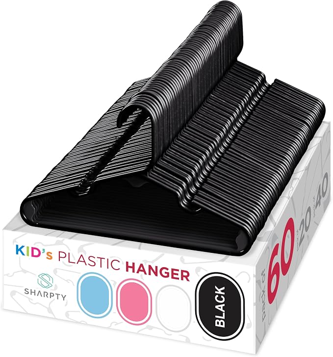 Sharpty Kids Plastic Hangers, Children's Hangers for Baby, Toddler, and Child Clothes - Everyday Standard Use - Ideal for Boys and Girls Closet, Clothing, Pants, Coats, and More - Black, 60 Pack by Sharpty