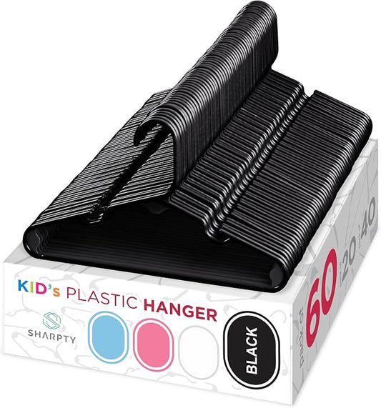 Sharpty Kids Plastic Hangers, Children's Hangers for Baby, Toddler, and Child Clothes - Everyday Standard Use - Ideal for Boys and Girls Closet, Clothing, Pants, Coats, and More - Black, 60 Pack by Sharpty