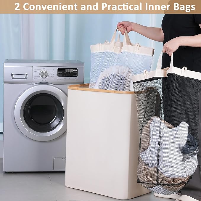 iEGrow 150L Laundry Basket with Lid, Large Laundry Hamper with Bamboo Handle, Collapsible Dirty Clothes Hamper Organizer with 2 Removable Inner Bags for Clothes Toys Towels - Beige - Image 5