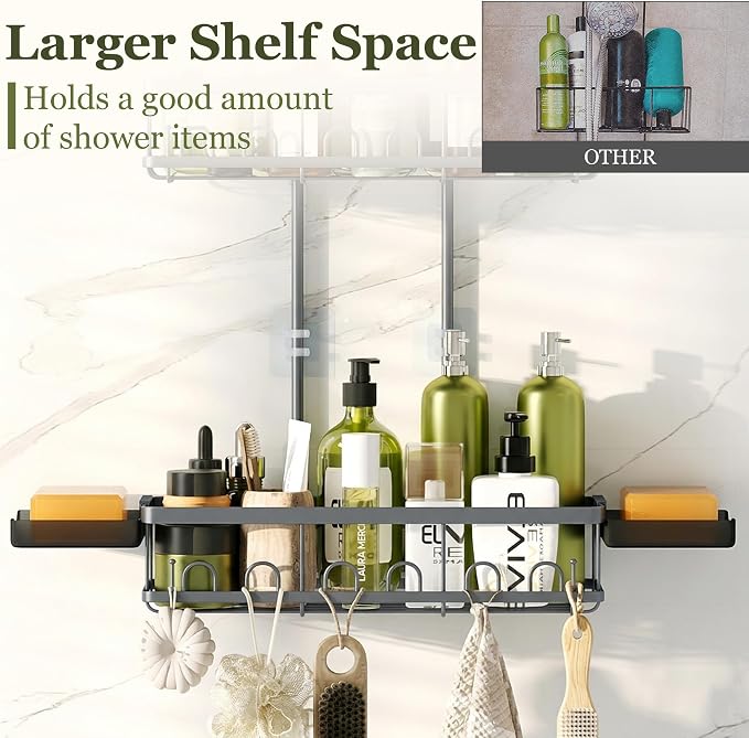 Skyapex Shower Caddy Hanging: Adjustable Height Organizer for Over Showerhead - Rustproof Shower Shelves with Hooks & 2 Soap Holders - Image 4