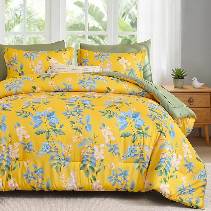 Cottolester Floral Comforter Set Queen Size,7-Piece Yellow Green Comforter Bed in A Bag,Botanical Comforter Set with Pillowcases,Soft Microfiber Complete Bedding Sets for All Season