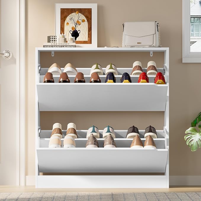 BORNOON Shoe Cabinet with 2 Flip Drawers, Slim Narrow Shoe Storage Cabinet, Freestanding Shoe Organizer with Adjustable & Removable Shelves, Top Display Shelf for Entryway, Hallway, Foyer, Closet - Image 7