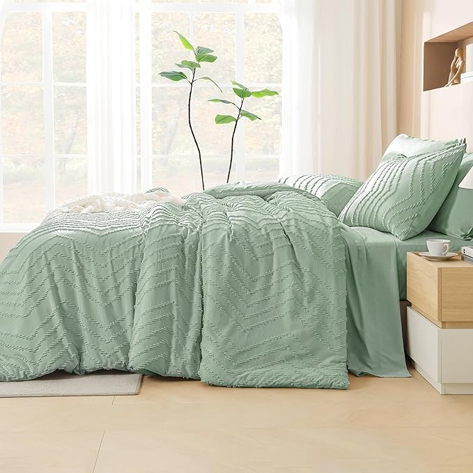 Litanika Super King Plus Size Comforter Set with Sheets Sage Green - 7 Pieces Bed in a Bag Oversized King Boho Tufted Complete Bedding Sets with Comforter, Sheets, Pillowcases & Shams