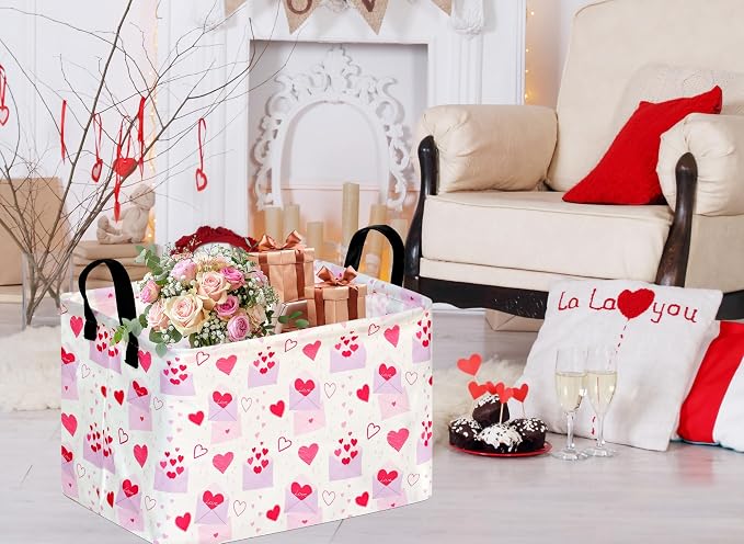 MAIZMZ Empty Gift Basket for Girls Heart Print Storage Cube for Women, Closet Shelf Waterproof Organizer Bins with Handles Nursery hamper Kids Toys Books Box Room Deco - Image 2