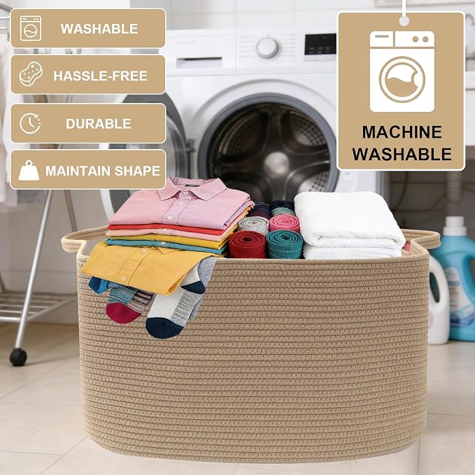 96L Large Blanket Basket,24"x16"x15"Rectangle Storage Bin with Handles,Woven Rope Laundry Basket for Toys, Clothes,Magazines,Home Organization,Nursery,Living Room & Bedroom,Jute - Image 7