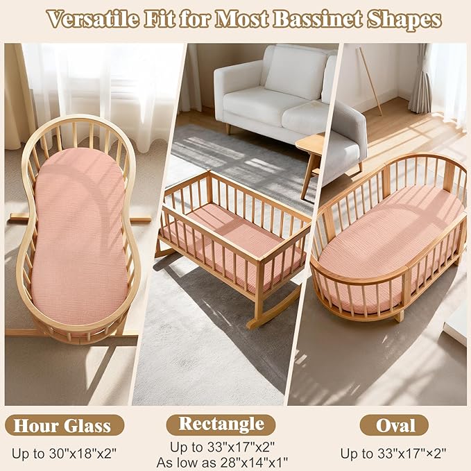 Basumee Muslin Bassinet Sheets for Baby Girl Boy 2 Pack Soft Breathable Baby Bedside Bassinet Fitted Sheets with Bottom Elastic Band Mattress Cover for Rectangle Oval Hourglass Bassinets