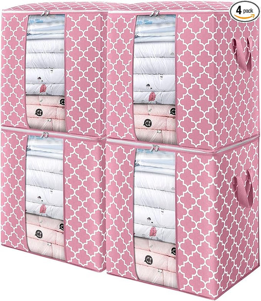 WISELIFE Storage Bags 4 Pack/100L Large Blanket Clothes Organization and Storage Containers for Comforters,Bedding, Foldable Organizer with Reinforced Handle, Clear Window, Sturdy Zippers,Pink