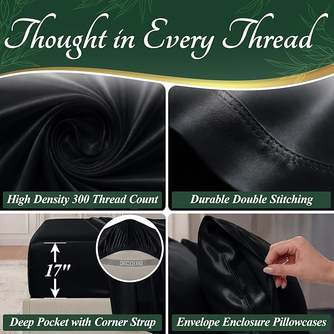 DECOLURE 100% Viscose Derived from Bamboo Sheets Queen Size - Luxury 6 Pc Naturally Cooling Sheets, Ultra Soft Bed Set - Deep 17" Pockets, Durable Double Stitching, Oeko Tex Standard (Black)