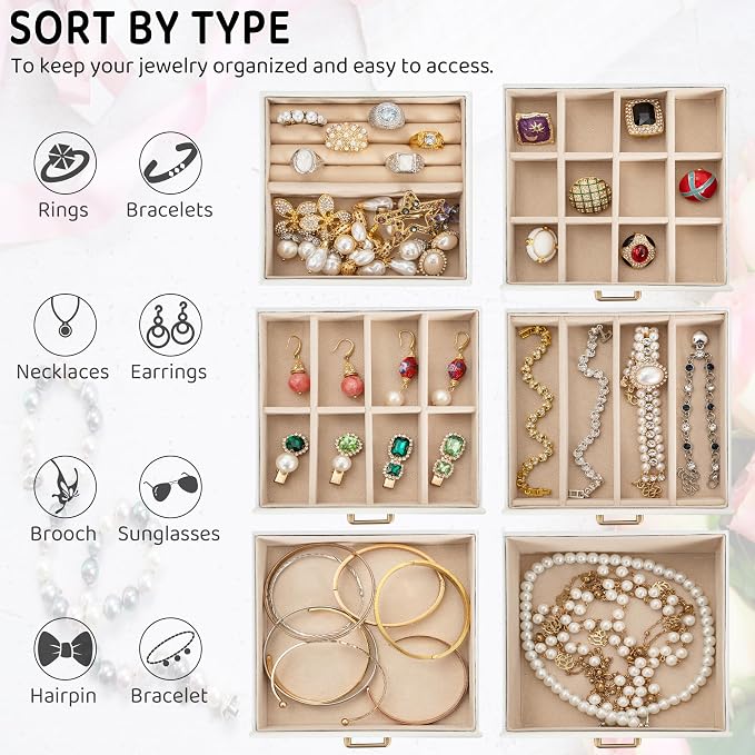 AKOZLIN 6-Tier Jewelry Box Lockable Leather Jewelry Storage Case with 5 Drawers for Women Girls Ring Necklace Earring Bracelet Holder Organizer with Mirror - Image 5