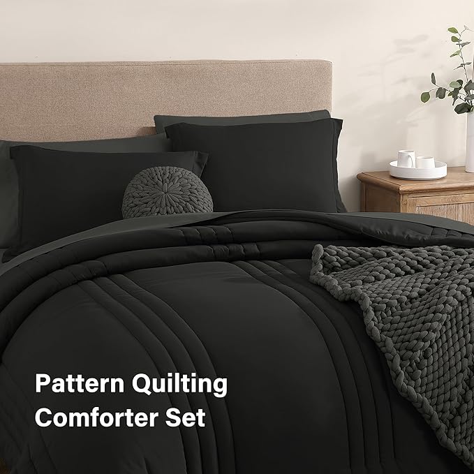 Monbix Oversized Queen Comforter Set - 7 Pieces Black Bed in a Bag Oversized Queen Bedding Sets with Comforters, All Seasons Comforter Bed Set with Sheets,Pillowcases & Shams