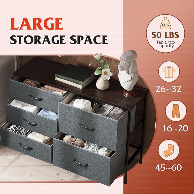 WLIVE Dresser for Bedroom with 5 Drawers, Wide Storage Dresser with Drawer Organizers, Chest of Drawers, Fabric Dressers for Living Room, Closet, Hallway, Dark Grey