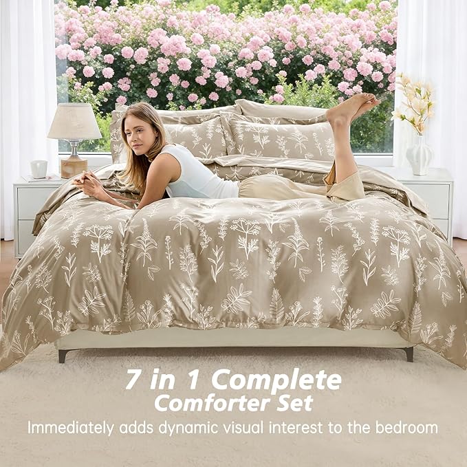 MUXHOMO Taupe Bed in a Bag Queen 7 Pieces, Queen Comforter Set Reversible Botanical Flowers Design, Ultra Soft & Breathable Bedding Sets with Comforter, Sheets, Pillowcases & Shams