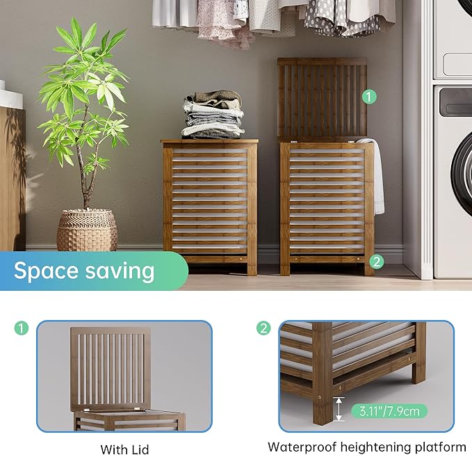 SMIBUY Double Laundry Hamper with Lid, 120L Bamboo Laundry Basket with Removable Liner Bag, 2-Section Clothes Divider Laundry Sorter for Laundry Room, Bathroom, Bedroom (Walnut) - Image 5