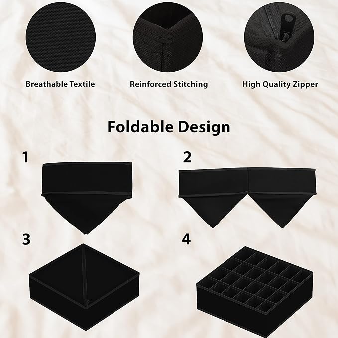 Simple Houseware 4-Pack Drawer Organizer Set - Closet Dividers for Underwear, Socks, Bras, Scarves, Ties - Foldable Non-Woven Storage Boxes, Black - Image 5