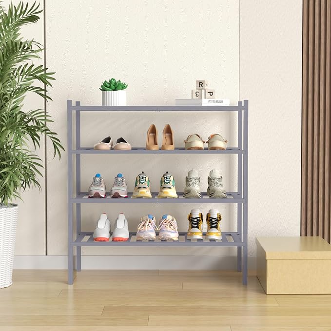 ROMGUAR CRAFT 4 Tier Bamboo Shoe Rack for Closet Free Standing Wood Shoe Shelf for Entryway Small Space Stackable 27"x11"x26" (Grey) - Image 2