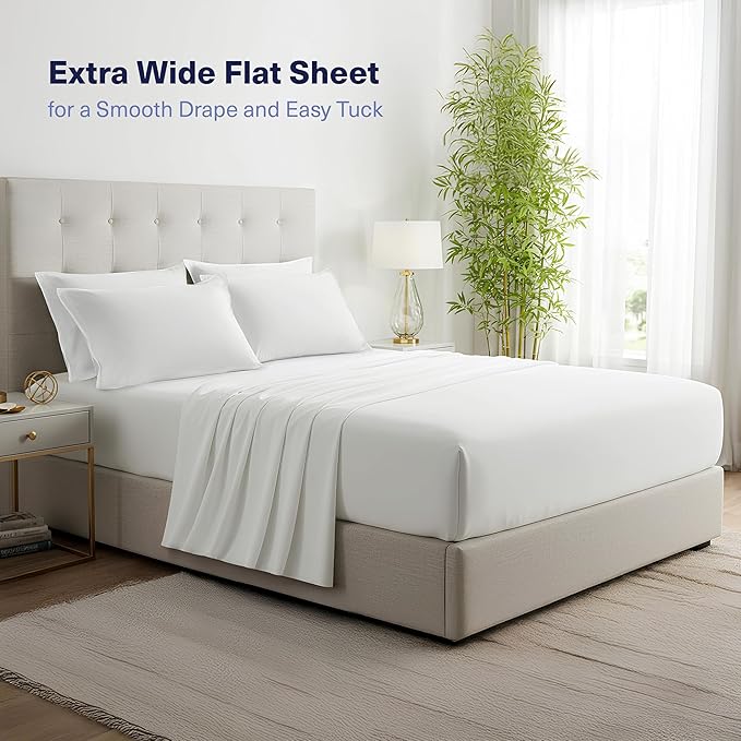 Kickoff Viscose Bamboo Sheets Split King Size 5-pc 100% Organic Bamboo Viscose Bed Cooling Sheets Split King Size Set Cool Bedding for hot Sleepers Sheet, Flat, Fitted, Pillowcases (White, SK)