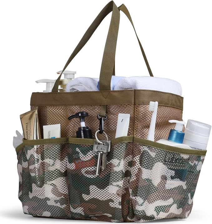 F-color Shower Caddy Portable - Mesh Shower Bag Basket Tote for College Dorm Room Essentials Bathroom Gym Camp Quick Dry for Women Men with S Hook, Brown Camouflage by F-color