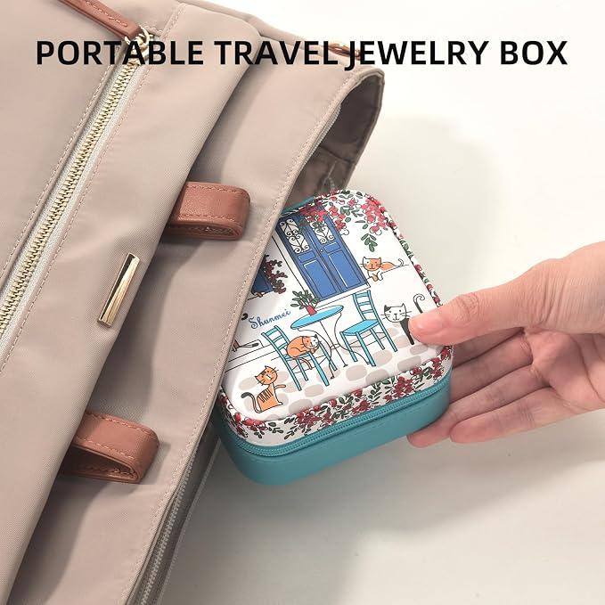 shunmei Mini Travel Jewelry Box,PU Leather Portable Jewelry Organizer Case,Art Accessories Storage Holder Boxes for Earring, Necklace, Rings, Bracelets (Six Cats) - Image 2