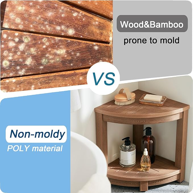 KaimuBench Corner Shower Stool for Shaving Leg, Waterproof Bathroom Shower Bench Seat for Inside Shower, Poly Lumber Plastic Shower Chair Seat, Shower Foot Rest with Adjustable Feet, Non-Slip, Brown - Image 3