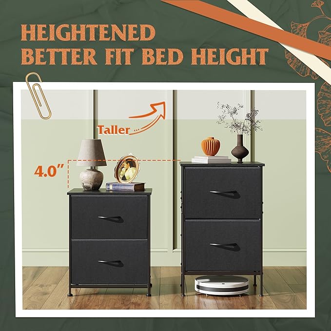 WLIVE Nightstand Set of 2, 2 Drawer Dresser for Bedroom, Small Dresser with 2 Drawers, Bedside Furniture, Night Stand, End Table with Fabric Bins for Bedroom, Dorm, Charcoal Black