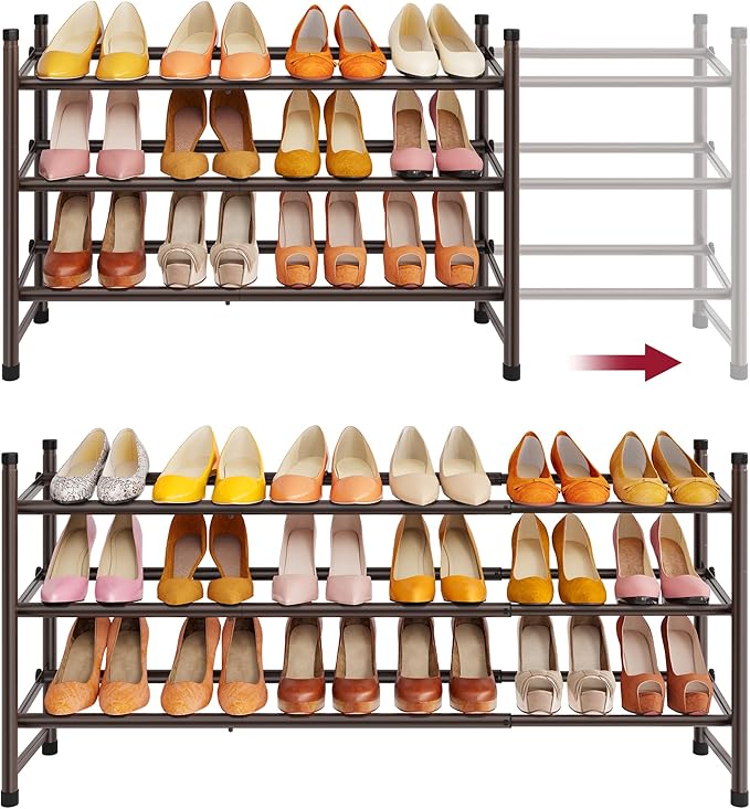 Tajsoon 3 Tier Expandable Shoe Rack for Closet, 28“-41“Adjustable & Stackable Shoe Shelf Storage, Metal Shoe Rack Organizer for Front Door Entrance, Closet, Garage, Entryway, Bronze by Tajsoon