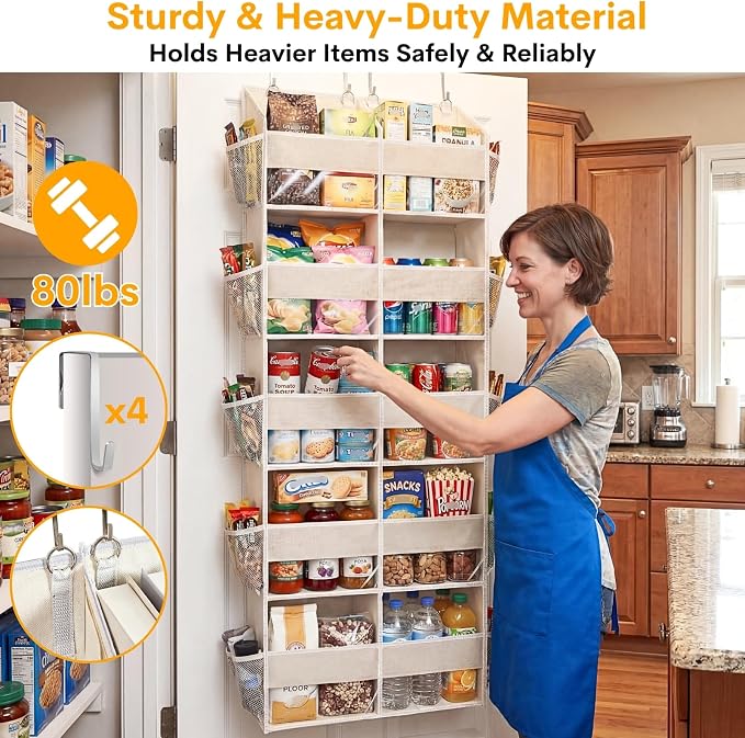 2 Pack Over the Door Organizer 5 Tiers, Extra Large Behind Door Storage of 10 Compartments, 80 lbs Weight Capacity Over Door Organizer, Door Hanging Organizer for Closet, Diaper Organizer, Beige - Image 3