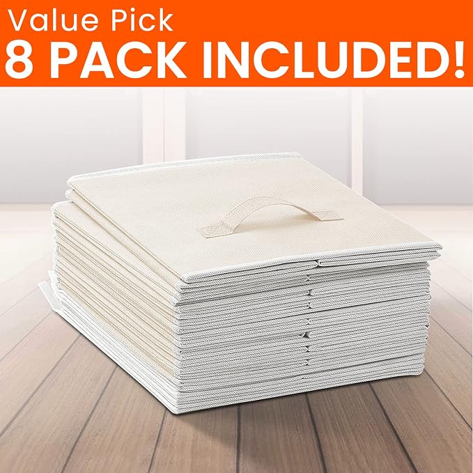 Criusia Large Storage Cubes - 13 Inch Heavy Duty Fabric Storage Bins for Shelves Closet, Cube Organizer - 8 Pack Collapsible Cube Storage Bins Baskets for Organizing Clothes Blankets Toys (Beige) - Image 8