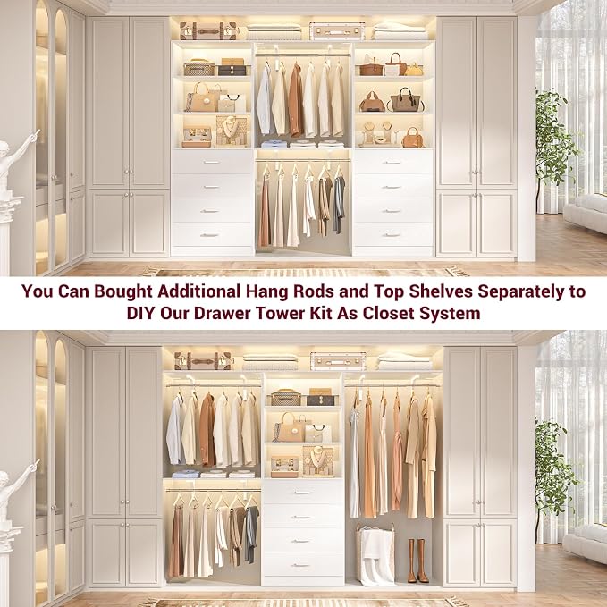 Aheaplus Closet Drawers System, 21.3" Wood Closet Organizer System with 4 Drawers, Modular Walk-in Closet System Storage Unit, Small Closets Wardrobe Rack, Tall Storage Cabinet Unit, White - Image 6