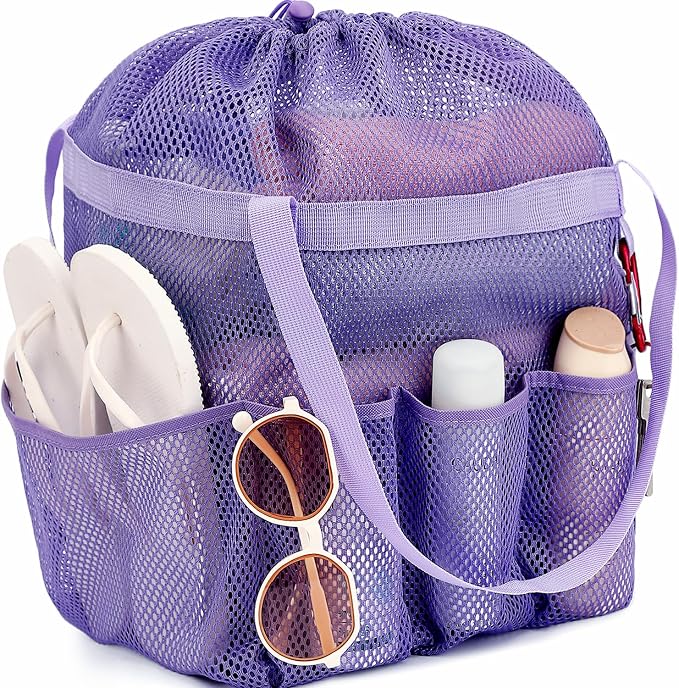 Fammart Mesh Shower Caddy Portable with Drawstring, Dorm Room Essentials for College Girls Guys, 8-Pocket Large Shower Bag Basket Tote for Camping Beach Gym Travel Toiletry Bathroom by Fammart