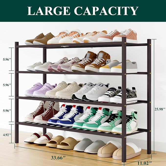 Smiry Shoe Rack, 4 Tier Long Bamboo Shoe Organizer, Stackable Free Standing Wooden Shoe Storage Shelf for Closet, Entryway, Front Door Entrance, Brown - Image 2