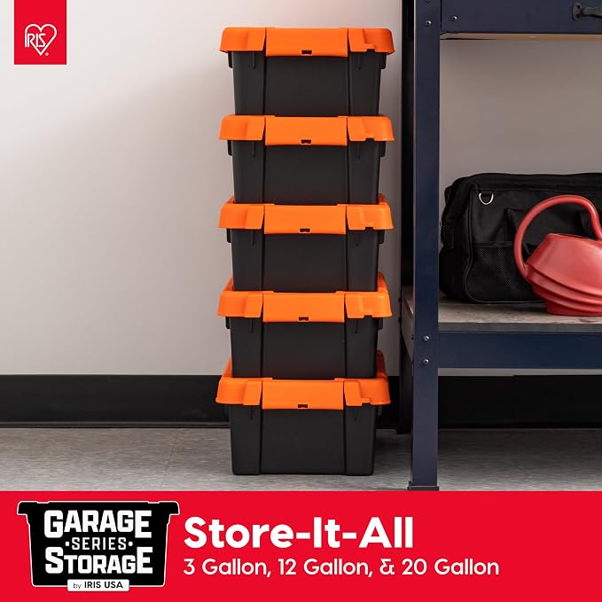 IRIS USA 3 Gallon Lockable Storage Bins with Lids, 5 Pack - Made in USA, Heavy Duty, Stackable Containers, Garage Organizing Bins Moving Tubs, Rugged Sturdy Equipment Utility Box - Black/Orange - Image 7