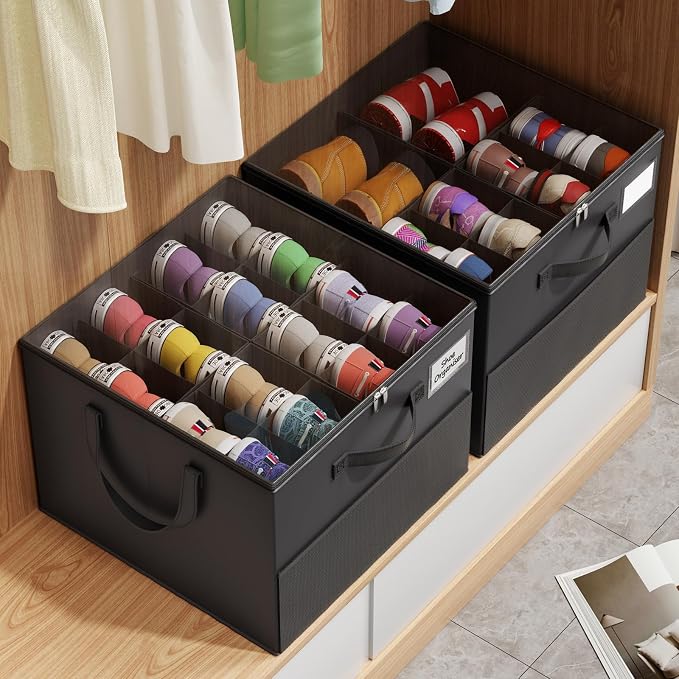 NestOrganix 2 Pack Shoe Organizer for Closet, Large Shoe Box Storage Containers, Foldable Shoe Storage Organizer Box Bin with Adjustable Dividers and Clear Cover, Space Saving Shoes Holder, Black - Image 7