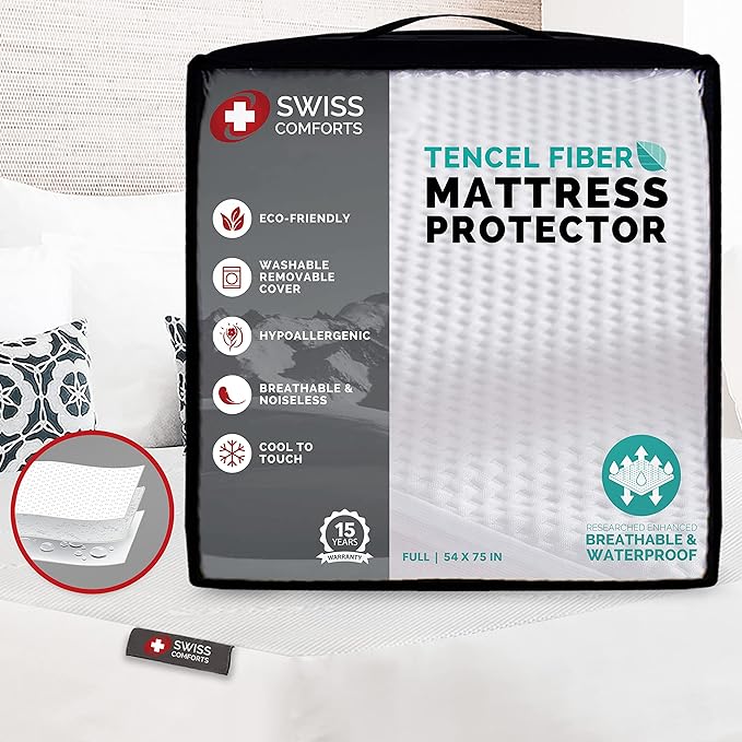 Swiss Comforts 100% Waterproof Mattress Protector Full Size - Tencel Mattress Cover | Naturally Cooling, Breathable & Noiseless | Soft Fitted Bed Sheet (Tencel, Full 54"x75")