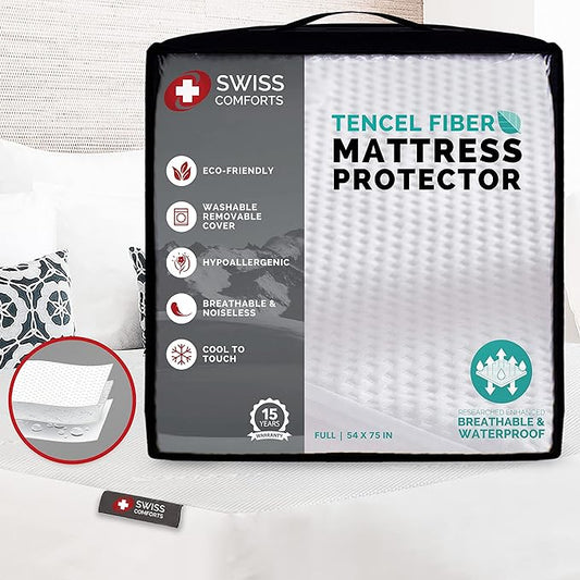 Swiss Comforts 100% Waterproof Mattress Protector Full Size - Tencel Mattress Cover | Naturally Cooling, Breathable & Noiseless | Soft Fitted Bed Sheet (Tencel, Full 54"x75")