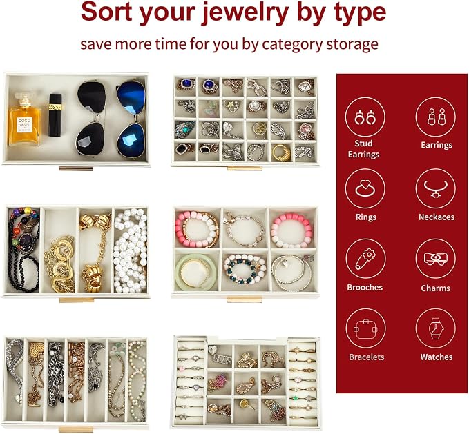 BOOVO Jewelry Boxes for Women, White and Black 6 Layer Large Jewelry Box for Necklace, Bracelet, Earrings, Rings Storage, Jewelry holder Organizer for Girls Gift (Champagne, 6 layer) - Image 3