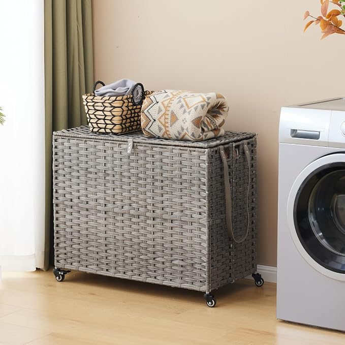 Laundry Hamper with Wheels, 52.8 Gallon(200L) Rolling Laundry Basket with Lid, 3-Section Rattan Clothes Hamper with 3 Removable Liner & 3 Mesh Bags, Laundry Sorter with Side Pocket, Grey - Image 2