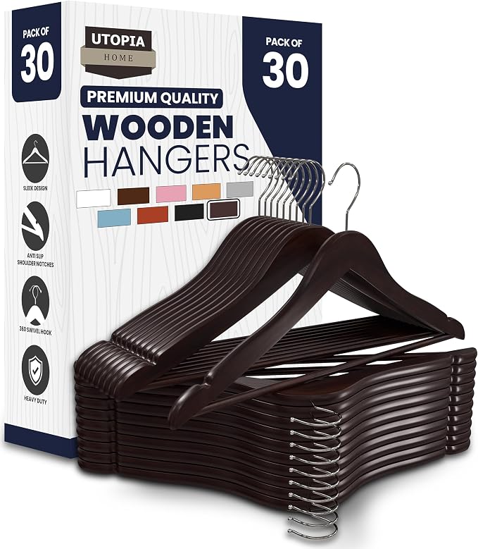 Utopia Home Premium Wooden Hangers 30 Pack - Durable & Slim Coat Hanger - Suit Hanger with 360-Degree Rotatable Hook - Wood Hangers with Shoulder Grooves (Brown) by UTOPIAHOME