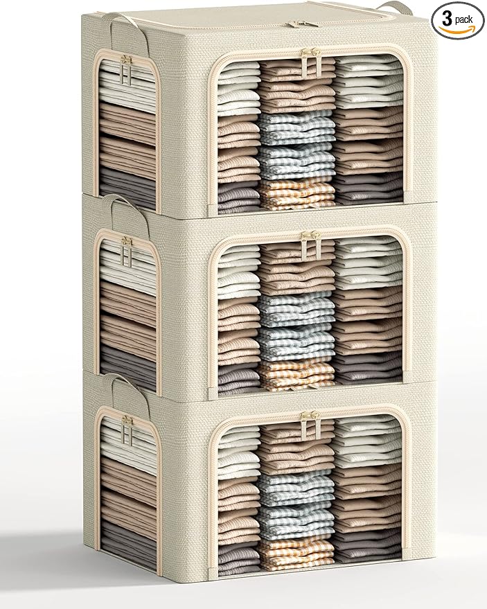 3 Opeings Large Clothes Storage Bins with Metal Frame, Foldable Storage Bin for Clothes, Clothing Storage Bins with Lid, Linen Storage Box With Clear Window＆ Zippers＆ Durable Handles.(3 Pcs,Beige,66L) by Furnhome