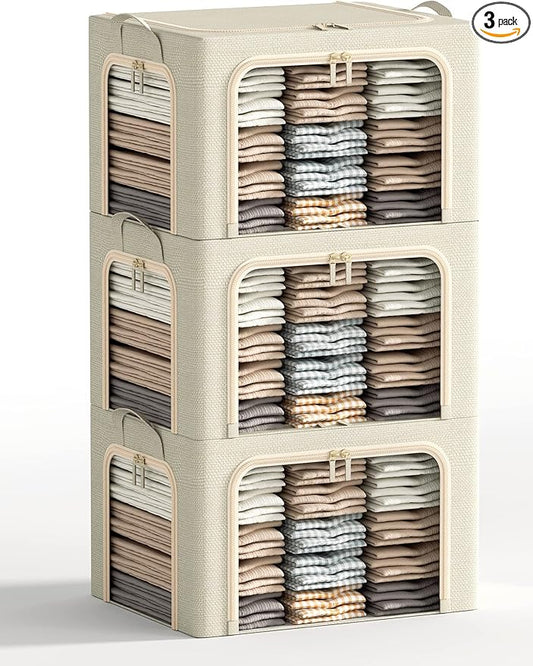 3 Opeings Large Clothes Storage Bins with Metal Frame, Foldable Storage Bin for Clothes, Clothing Storage Bins with Lid, Linen Storage Box With Clear Window＆ Zippers＆ Durable Handles.(3 Pcs,Beige,66L) by Furnhome