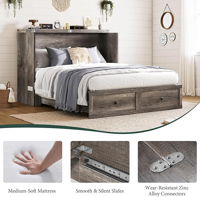 LUXOAK Queen Murphy Bed with 6" White Tri-Fold Memory Foam Mattress, Storage Drawer & Charging Station, Space-Saving Design for Home Office or Guest Room, Rustic Grey